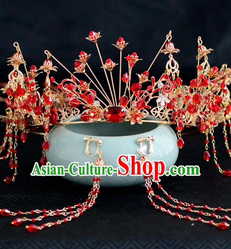 Chinese Ancient Tang Dynasty Palace Princess Red Phoenix Coronet Hairpins Traditional Hanfu Court Hair Accessories for Women