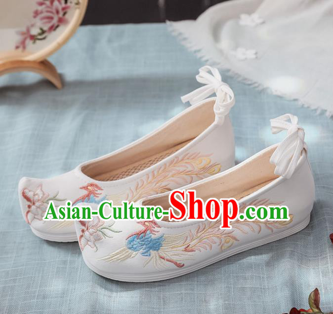 Traditional Chinese Opera Shoes Ancient Princess White Shoes Hanfu Shoes Embroidered Phoenix Shoes for Women