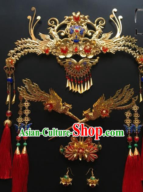Chinese Ancient Ming Dynasty Bride Phoenix Coronet Hairpins Traditional Hanfu Court Princess Hair Accessories for Women