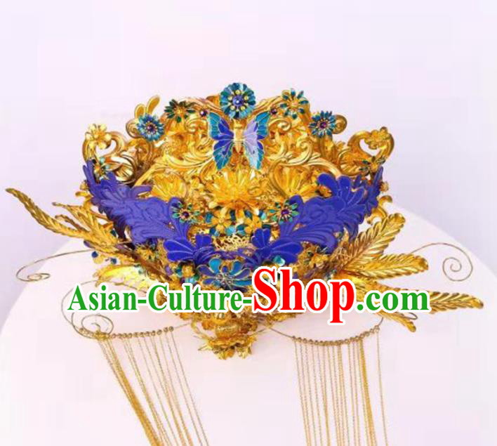 Chinese Ancient Bride Cloisonne Butterfly Phoenix Coronet Hairpins Traditional Hanfu Court Princess Hair Accessories for Women