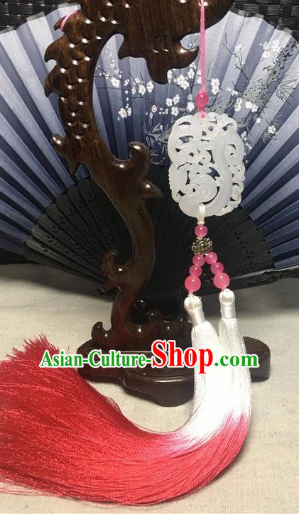 Traditional Chinese Hanfu Jade Carving Dragon Waist Accessories Ancient Swordsman Rosy Tassel Pendant