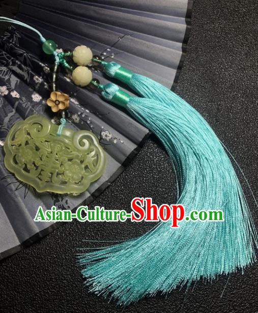 Traditional Chinese Hanfu Jade Carving Plum Waist Accessories Blue Tassel Pendant Ancient Swordsman Brooch