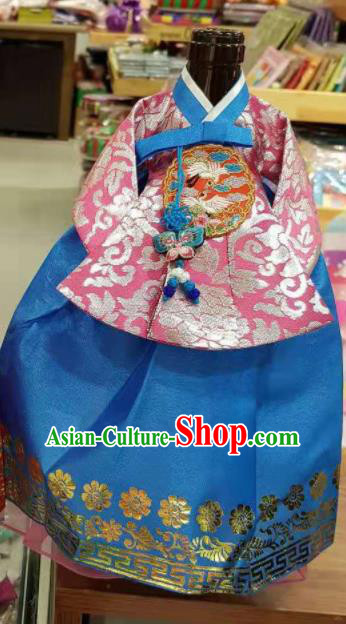 Traditional Korean Hanbok Clothing Pink Brocade Blouse and Blue Dress Asian Korea Ancient Fashion Apparel Costume for Kids