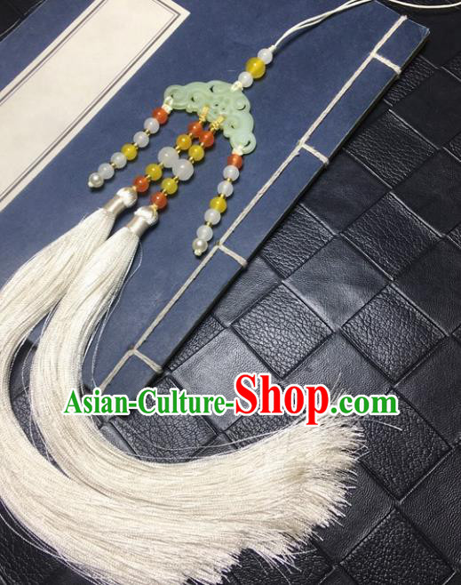 Traditional Chinese Hanfu Jade Carving Cloud Waist Accessories White Tassel Pendant Ancient Swordsman Brooch