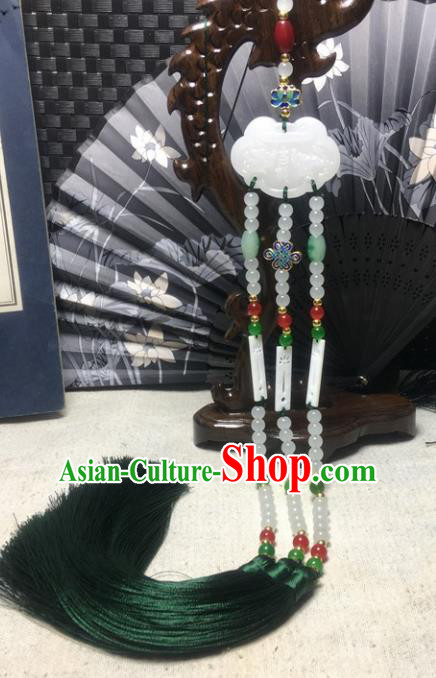 Traditional Chinese Hanfu White Jade Carving Waist Accessories Palace Green Tassel Pendant Ancient Swordsman Brooch