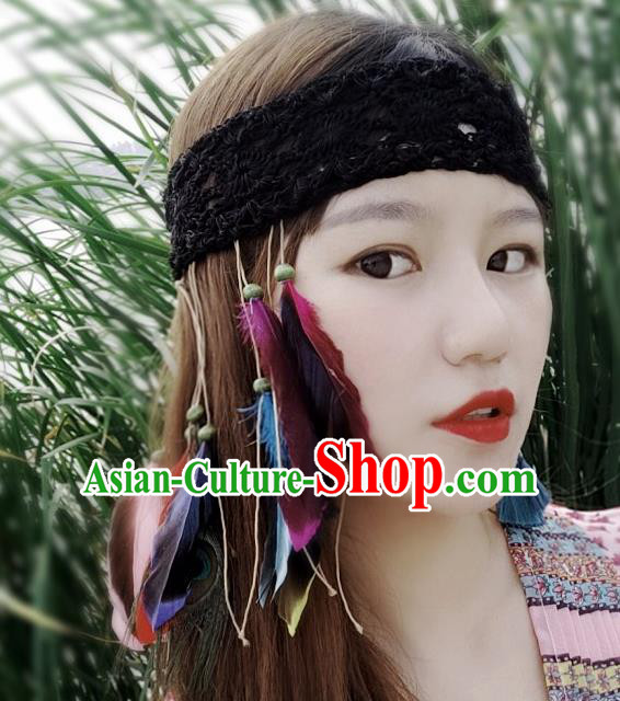 Chinese Traditional Ethnic Black Wool Knitting Headband National Handmade Feather Hair Clasp for Women