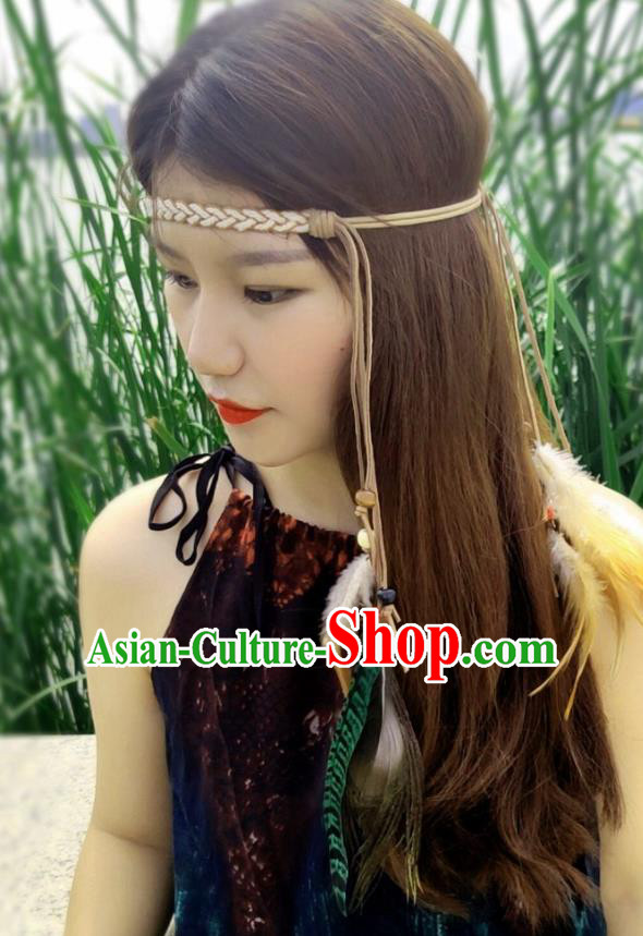 Chinese Traditional Ethnic Leather Knitting Headband National Handmade Feather Hair Clasp for Women