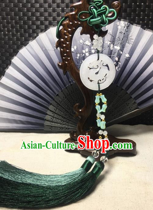 Traditional Chinese Hanfu White Jade Carving Dragon Waist Accessories Palace Green Tassel Pendant Ancient Swordsman Brooch
