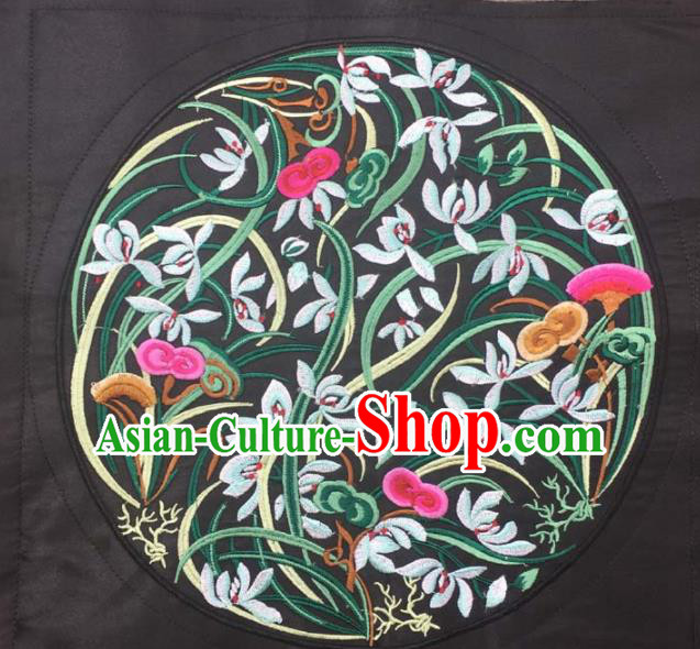 Chinese Traditional Embroidery Cloth Accessories National Embroidered Orchid Black Dress Patch
