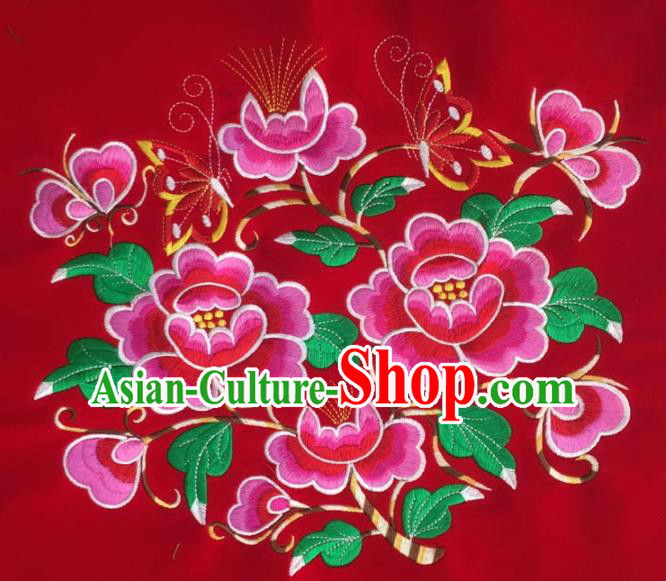 Chinese Traditional Embroidery Cloth Accessories National Embroidered Peony Butterfly Red Dress Patch