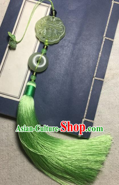 Traditional Chinese Hanfu Green Jade Carving Bat Waist Accessories Palace Tassel Pendant Ancient Swordsman Brooch