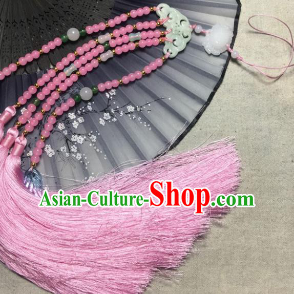 Traditional Chinese Hanfu Jade Carving Butterfly Waist Accessories Palace Pink Beads Tassel Pendant Ancient Swordsman Brooch
