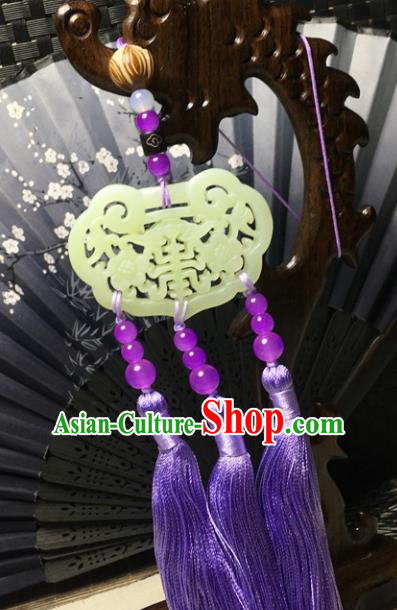 Traditional Chinese Hanfu Jade Carving Plum Lock Waist Accessories Palace Purple Tassel Pendant Ancient Swordsman Brooch