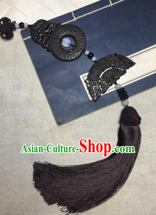 Traditional Chinese Hanfu Black Jade Carving Waist Accessories Tassel Pendant Ancient Swordsman Brooch