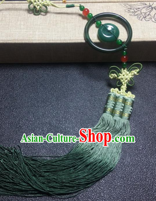 Traditional Chinese Hanfu Green Jade Carving Ring Waist Accessories Palace Tassel Pendant Ancient Swordsman Brooch