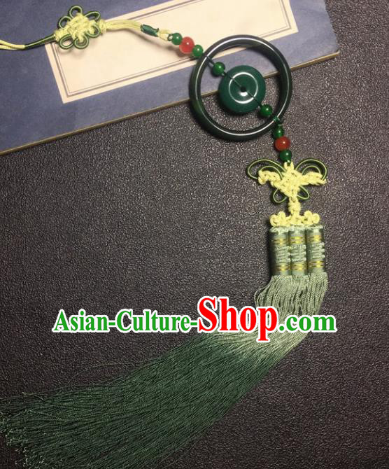 Traditional Chinese Hanfu Green Jade Carving Ring Waist Accessories Palace Tassel Pendant Ancient Swordsman Brooch