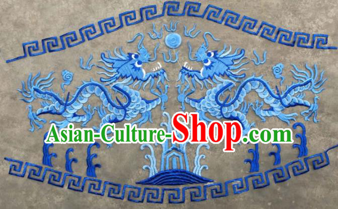 Chinese Traditional National Embroidered Blue Dragons Applique Dress Patch Embroidery Cloth Accessories