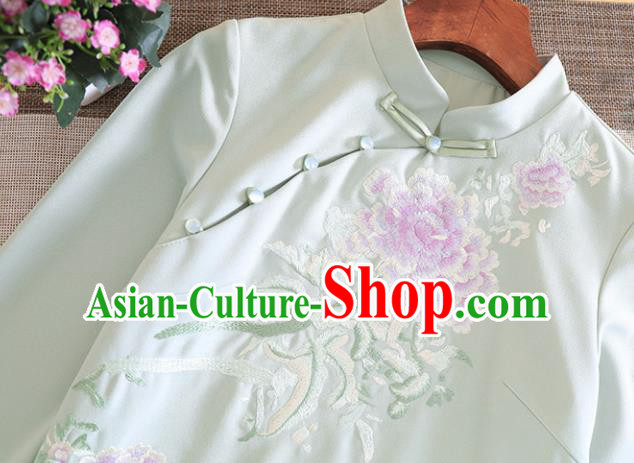 Chinese Traditional Tang Suit Embroidered Peony Green Cheongsam National Costume Qipao Dress for Women