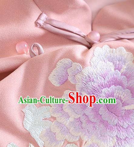 Chinese Traditional Tang Suit Embroidered Peony Pink Cheongsam National Costume Qipao Dress for Women