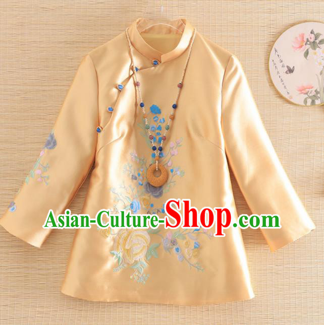 Chinese Traditional Tang Suit Embroidered Yellow Blouse National Costume Qipao Outer Garment for Women