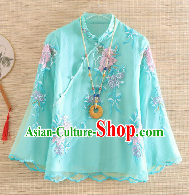 Chinese Traditional Tang Suit Embroidered Blue Blouse National Costume Qipao Upper Outer Garment for Women