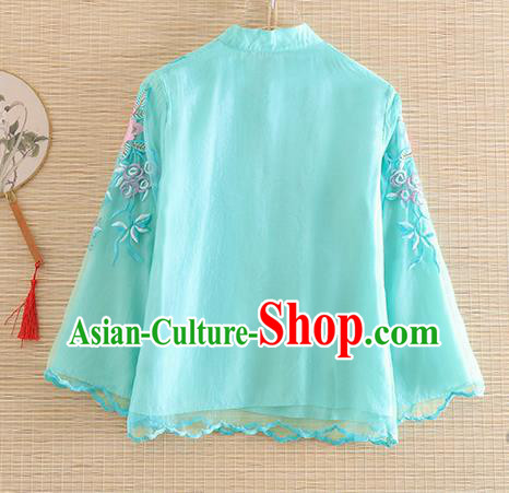 Chinese Traditional Tang Suit Embroidered Blue Blouse National Costume Qipao Upper Outer Garment for Women