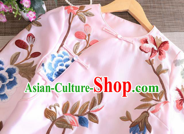 Chinese Traditional Tang Suit Embroidered Peony Pink Shirt National Costume Qipao Upper Outer Garment for Women