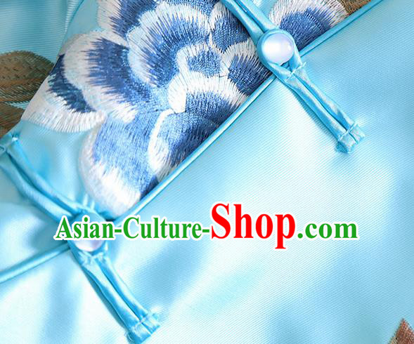 Chinese Traditional Tang Suit Embroidered Peony Blue Shirt National Costume Qipao Upper Outer Garment for Women