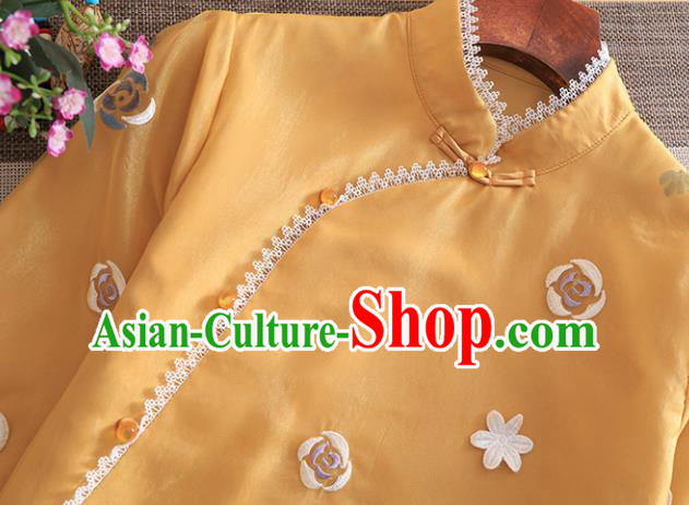Chinese Traditional Tang Suit Embroidered Yellow Organza Cheongsam National Costume Qipao Dress for Women