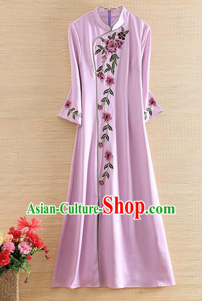 Chinese Traditional Tang Suit Embroidered Peony Lilac Cheongsam National Costume Qipao Dress for Women