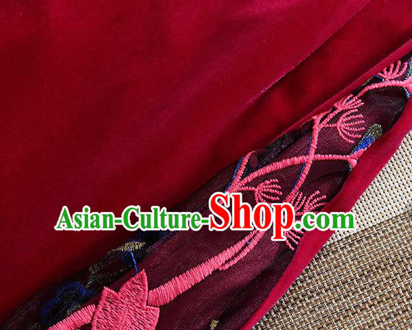 Chinese Traditional Tang Suit Embroidered Wine Red Velvet Cheongsam National Costume Qipao Dress for Women