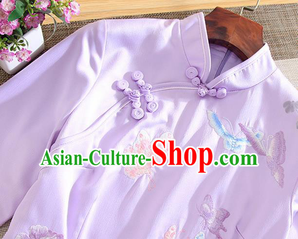 Chinese Traditional Tang Suit Embroidered Butterfly Purple Cheongsam National Costume Qipao Dress for Women
