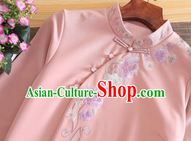 Chinese Traditional Tang Suit Embroidered Pink Cheongsam National Costume Qipao Dress for Women