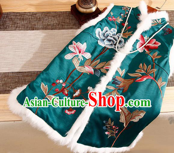 Chinese Traditional Embroidered Peony Green Vest National Dress Embroidery Waistcoat for Women