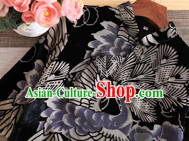 Chinese Traditional Printing Crane Pine Black Cheongsam National Costume Qipao Dress for Women