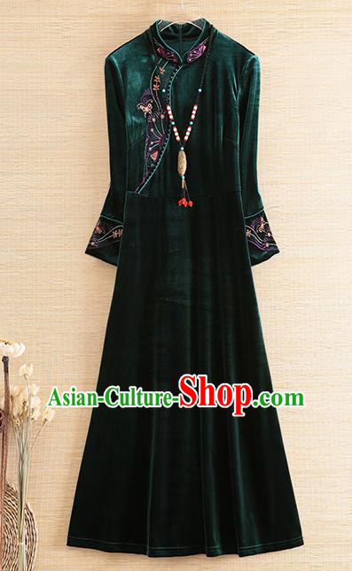 Chinese Traditional Atrovirens Velvet Cheongsam National Costume Qipao Dress for Women