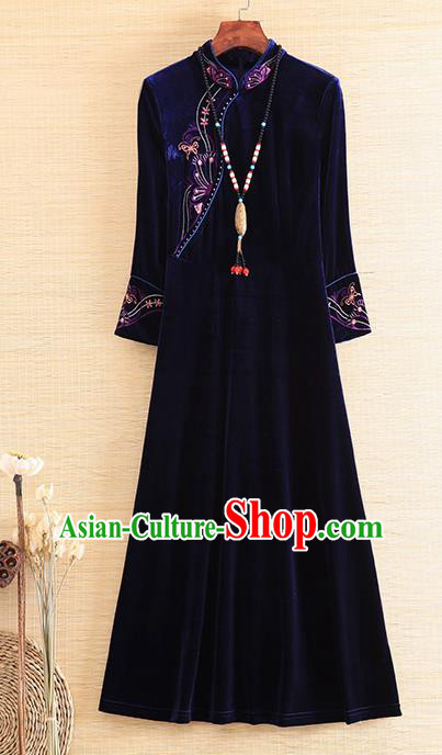 Chinese Traditional Deep Blue Velvet Cheongsam National Costume Qipao Dress for Women
