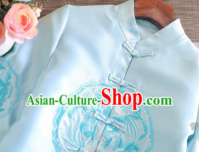 Chinese Traditional Embroidered Blue Jacket National Costume Qipao Upper Outer Garment for Women