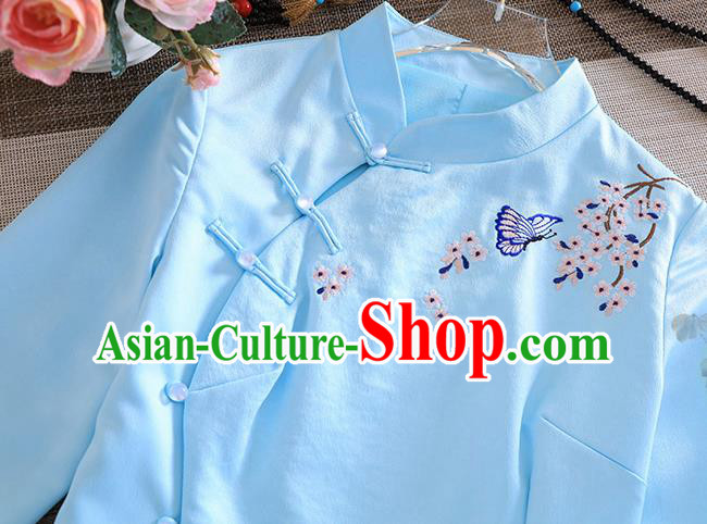 Chinese Traditional Printing Butterfly Blue Cheongsam National Costume Qipao Dress for Women
