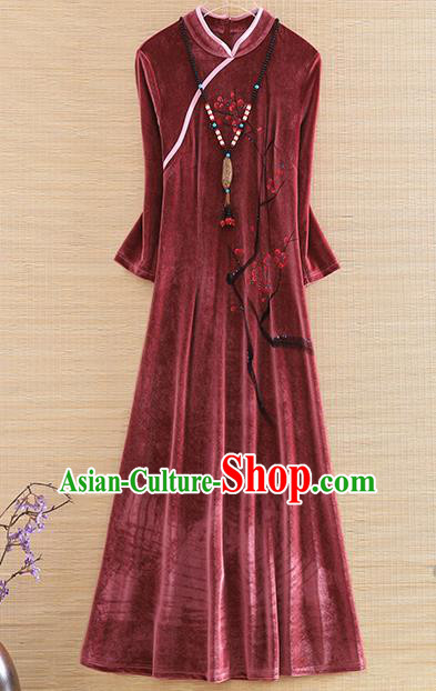 Chinese Traditional Rust Red Velvet Cheongsam National Costume Qipao Dress for Women