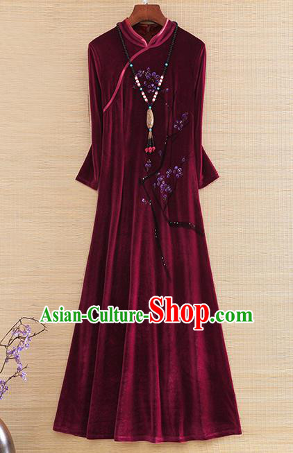 Chinese Traditional Wine Red Velvet Cheongsam National Costume Qipao Dress for Women