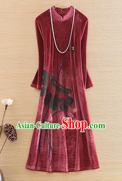 Chinese Traditional Printing Lotus Rust Red Velvet Cheongsam National Costume Qipao Dress for Women