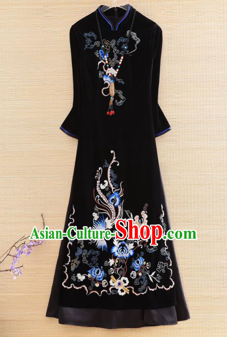 Chinese Traditional Embroidered Black Cheongsam National Costume Qipao Dress for Women