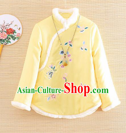 Chinese Traditional Tang Suit Embroidered Yellow Cotton Padded Jacket National Costume Qipao Upper Outer Garment for Women