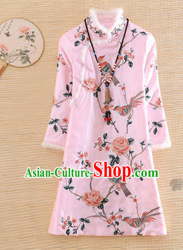 Chinese Traditional Tang Suit Embroidered Pink Cotton Padded Coat National Costume Qipao Upper Outer Garment for Women