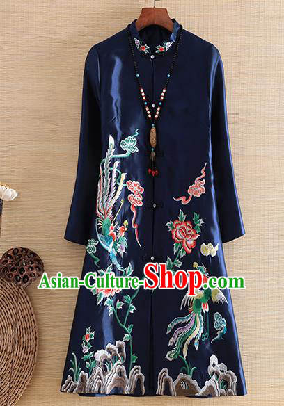 Chinese Traditional Tang Suit Embroidered Navy Dust Coat National Costume Qipao Outer Garment for Women