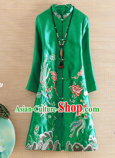 Chinese Traditional Tang Suit Embroidered Green Dust Coat National Costume Qipao Outer Garment for Women