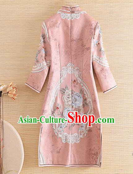 Chinese Traditional Tang Suit Printing Pink Cheongsam National Costume Qipao Dress for Women