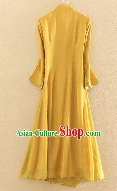 Chinese Traditional Tang Suit Embroidered Yellow Linen Cheongsam National Costume Qipao Dress for Women