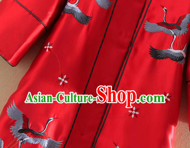 Chinese Traditional Tang Suit Embroidered Cranes Red Dust Coat National Costume Qipao Outer Garment for Women
